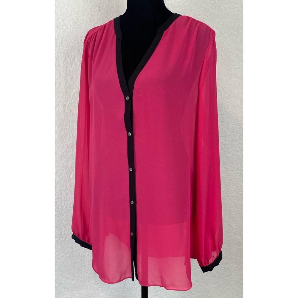 (NWT) DKNYC • Hot Pink/Black Sheer Long Sleeve Button-Down Shirt, L - Picture 5 of 16